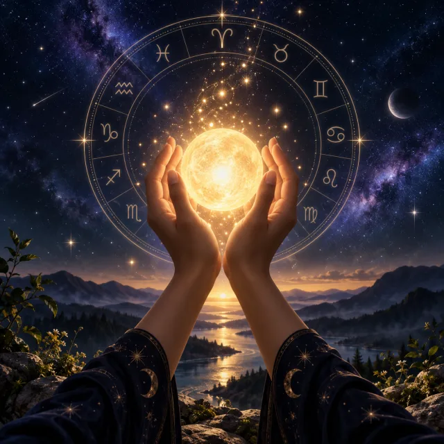 Celestial illustration of hands holding a glowing symbol of intention
